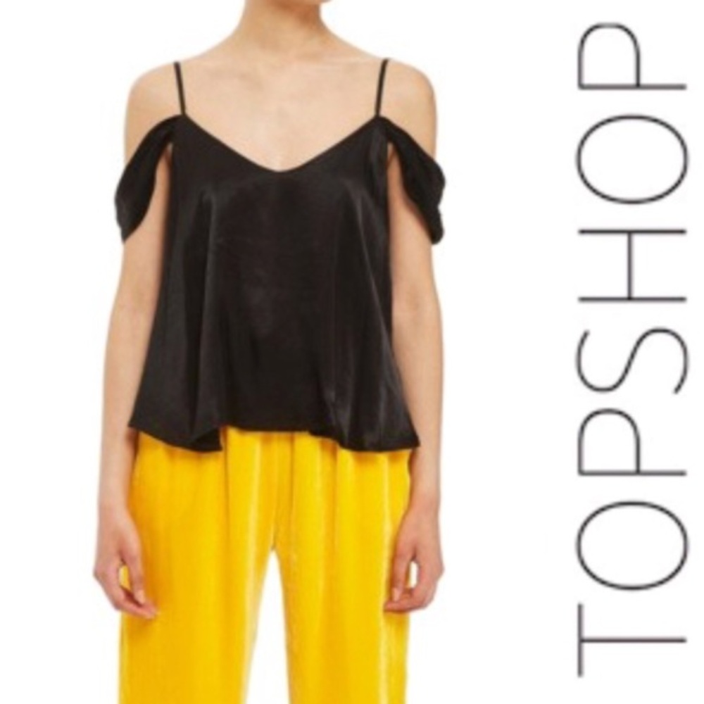 🏝️ Topshop Black Satin Cold Shoulder Top NWT • 8